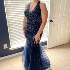 Camille La Vie navy gown,size 12,trumpet style, worn 1x, no tears/missing beads